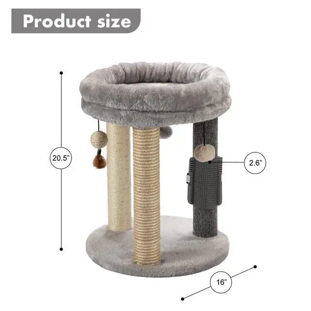 Alt view image 4 of 7 - 4in1 Small Cat Tree,Scratching Post with Tower Soft Bed, Sisal Carpet Jute Posts with Three Hanging Ball Toys and Massage Brush for Indoor Cats and Kittens