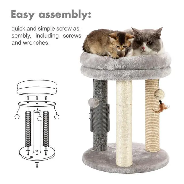 Alt view image 7 of 7 - 4in1 Small Cat Tree,Scratching Post with Tower Soft Bed, Sisal Carpet Jute Posts with Three Hanging Ball Toys and Massage Brush for Indoor Cats and Kittens