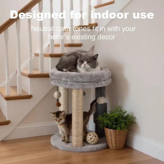 Alt view image 5 of 7 - 4in1 Small Cat Tree,Scratching Post with Tower Soft Bed, Sisal Carpet Jute Posts with Three Hanging Ball Toys and Massage Brush for Indoor Cats and Kittens