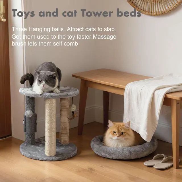 Alt view image 6 of 7 - 4in1 Small Cat Tree,Scratching Post with Tower Soft Bed, Sisal Carpet Jute Posts with Three Hanging Ball Toys and Massage Brush for Indoor Cats and Kittens
