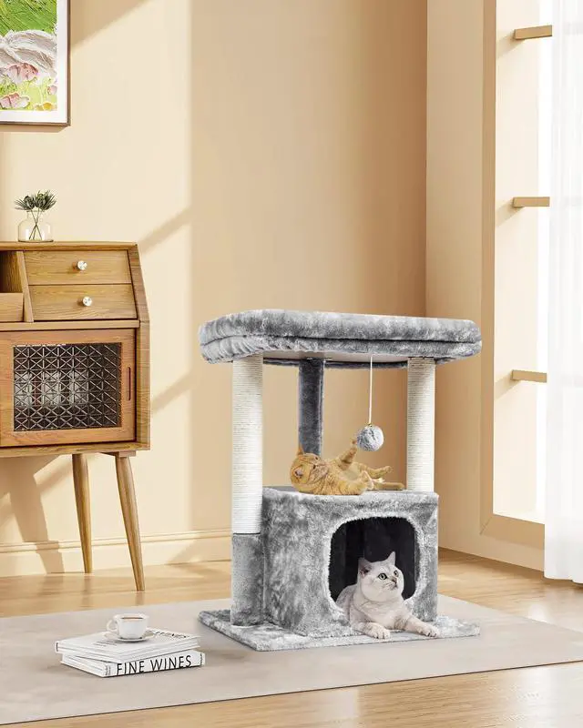 Alt view image 2 of 7 - 27IN Cat Tree for Indoor Cats Large Adult, Modern Activity Tower with Scratching Posts, Condo with Plush Perch, Climbing Stand with Spring Ball for Play, Grey