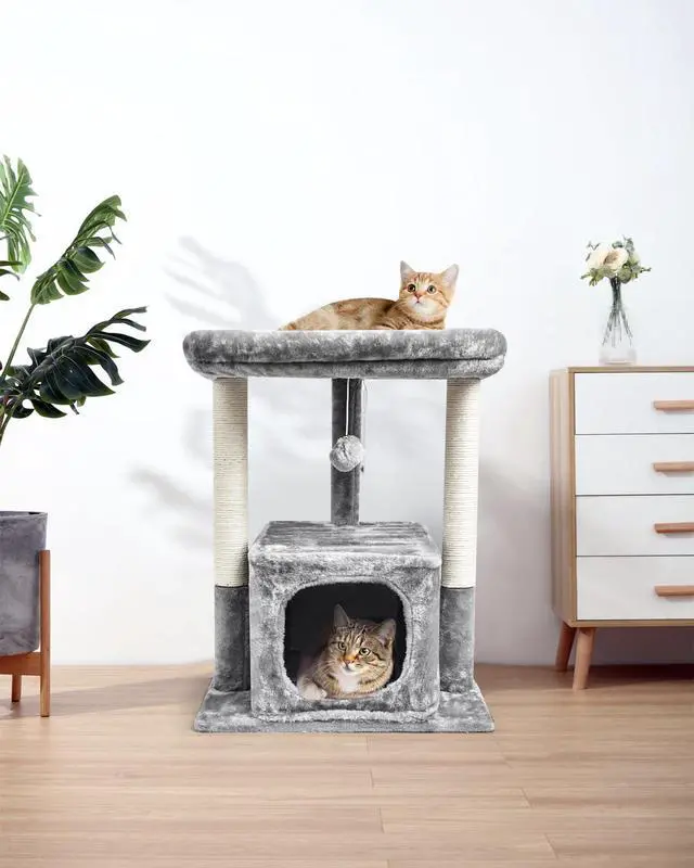 Alt view image 6 of 7 - 27IN Cat Tree for Indoor Cats Large Adult, Modern Activity Tower with Scratching Posts, Condo with Plush Perch, Climbing Stand with Spring Ball for Play, Grey