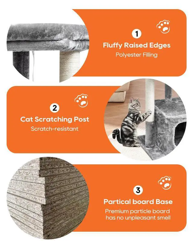 Alt view image 5 of 7 - 27IN Cat Tree for Indoor Cats Large Adult, Modern Activity Tower with Scratching Posts, Condo with Plush Perch, Climbing Stand with Spring Ball for Play, Grey