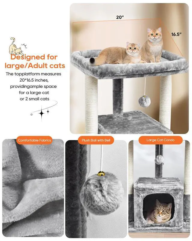 Alt view image 4 of 7 - 27IN Cat Tree for Indoor Cats Large Adult, Modern Activity Tower with Scratching Posts, Condo with Plush Perch, Climbing Stand with Spring Ball for Play, Grey