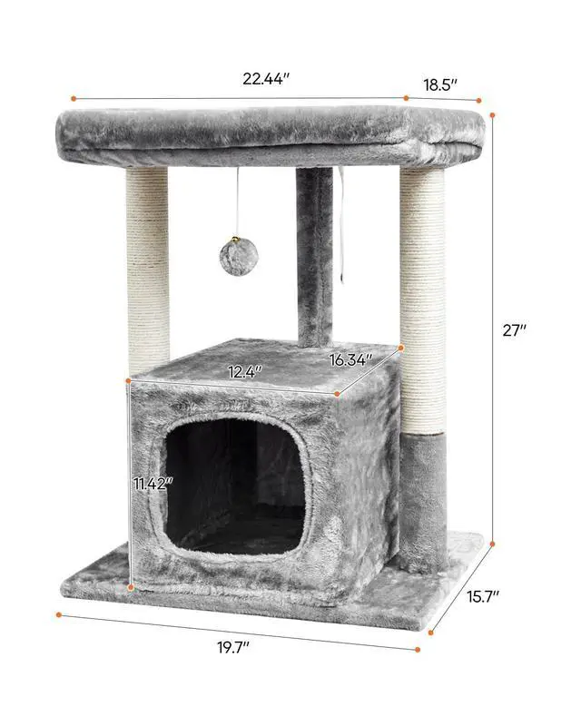 Alt view image 3 of 7 - 27IN Cat Tree for Indoor Cats Large Adult, Modern Activity Tower with Scratching Posts, Condo with Plush Perch, Climbing Stand with Spring Ball for Play, Grey