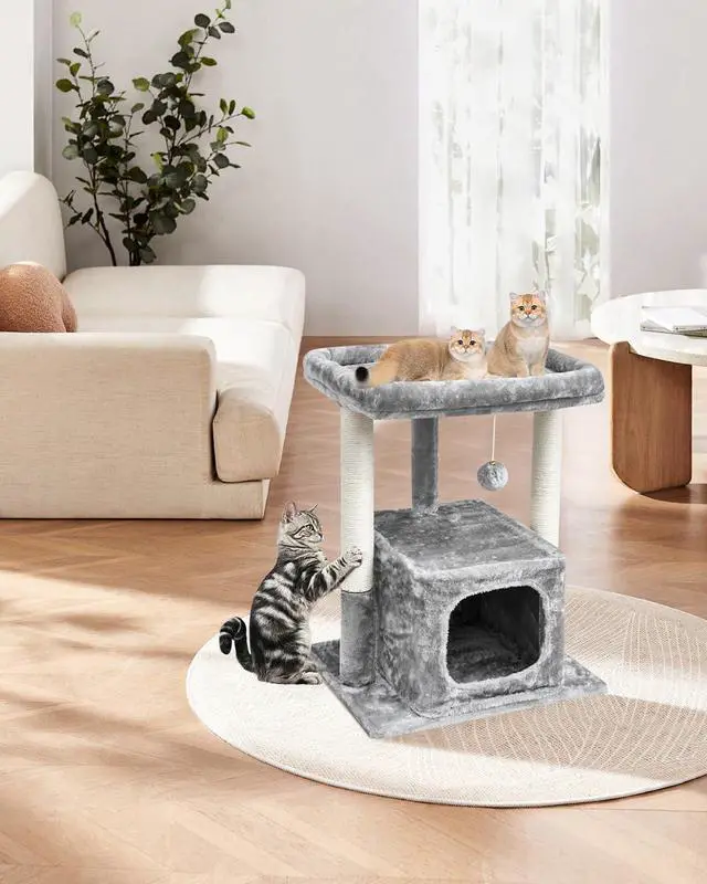 Alt view image 7 of 7 - 27IN Cat Tree for Indoor Cats Large Adult, Modern Activity Tower with Scratching Posts, Condo with Plush Perch, Climbing Stand with Spring Ball for Play, Grey