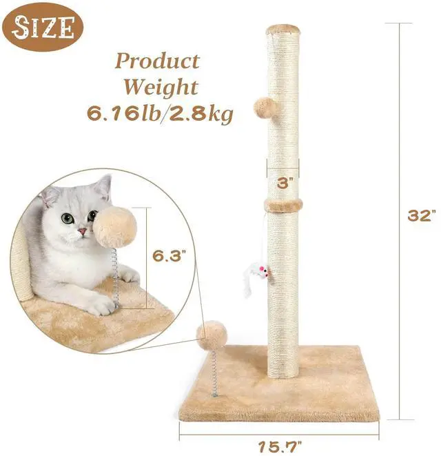 Alt view image 2 of 6 - 32" Tall Cat Scratching Posts for Indoor Cats, 3-in-1 Vertical Cat Scratching Post with Plush Toys, Premium Sisal Post for Cats at All Ages with Reinforced Stable Base, Beige