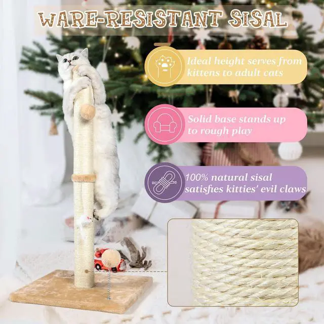 Alt view image 5 of 6 - 32" Tall Cat Scratching Posts for Indoor Cats, 3-in-1 Vertical Cat Scratching Post with Plush Toys, Premium Sisal Post for Cats at All Ages with Reinforced Stable Base, Beige
