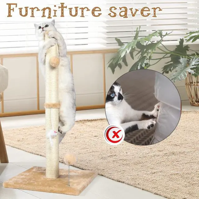 Alt view image 6 of 6 - 32" Tall Cat Scratching Posts for Indoor Cats, 3-in-1 Vertical Cat Scratching Post with Plush Toys, Premium Sisal Post for Cats at All Ages with Reinforced Stable Base, Beige