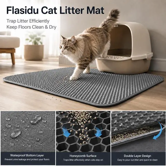 Alt view image 2 of 6 - Cat Litter Box Mat Double Layer Trapping Mat Easy-Clean Waterproof Urine Proof(Gray 30x22in)