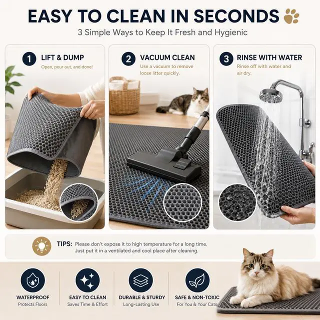 Alt view image 4 of 6 - Cat Litter Box Mat Double Layer Trapping Mat Easy-Clean Waterproof Urine Proof(Gray 30x22in)