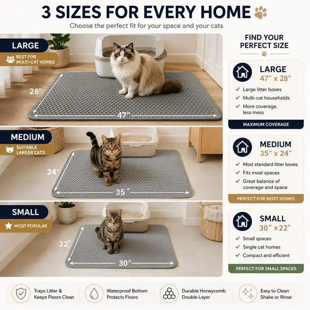 Alt view image 5 of 6 - Cat Litter Box Mat Double Layer Trapping Mat Easy-Clean Waterproof Urine Proof(Gray 30x22in)
