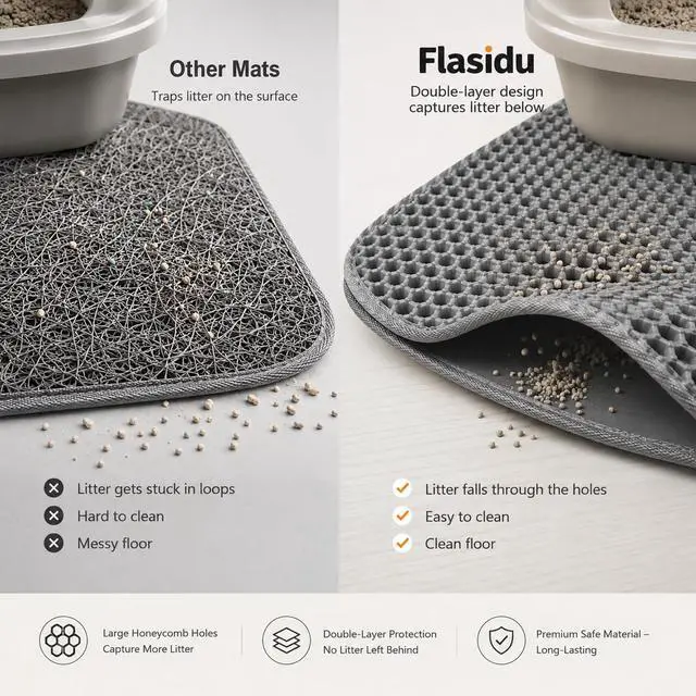 Alt view image 6 of 6 - Cat Litter Box Mat Double Layer Trapping Mat Easy-Clean Waterproof Urine Proof(Gray 30x22in)
