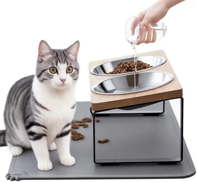 Main image of Upgraded Elevated Cat Bowls with Food Mat,15°Tilted Stand Anti Vomiting Raised Cat Dishes for Food and Water,2 Stainless Steel Bowls for Cats and Puppy