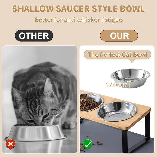 Alt view image 2 of 7 - Upgraded Elevated Cat Bowls with Food Mat,15°Tilted Stand Anti Vomiting Raised Cat Dishes for Food and Water,2 Stainless Steel Bowls for Cats and Puppy
