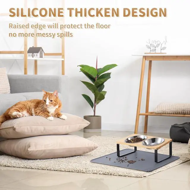 Alt view image 3 of 7 - Upgraded Elevated Cat Bowls with Food Mat,15°Tilted Stand Anti Vomiting Raised Cat Dishes for Food and Water,2 Stainless Steel Bowls for Cats and Puppy