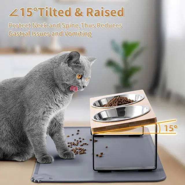 Alt view image 4 of 7 - Upgraded Elevated Cat Bowls with Food Mat,15°Tilted Stand Anti Vomiting Raised Cat Dishes for Food and Water,2 Stainless Steel Bowls for Cats and Puppy