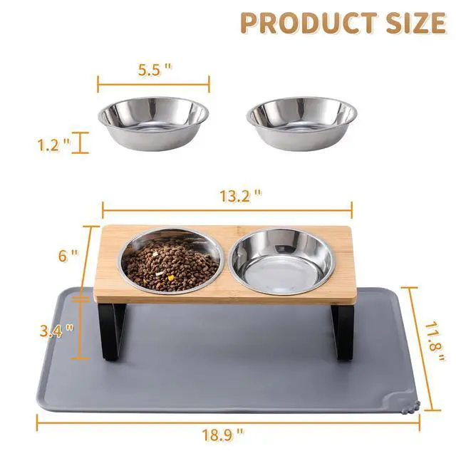 Alt view image 5 of 7 - Upgraded Elevated Cat Bowls with Food Mat,15°Tilted Stand Anti Vomiting Raised Cat Dishes for Food and Water,2 Stainless Steel Bowls for Cats and Puppy