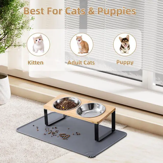 Alt view image 6 of 7 - Upgraded Elevated Cat Bowls with Food Mat,15°Tilted Stand Anti Vomiting Raised Cat Dishes for Food and Water,2 Stainless Steel Bowls for Cats and Puppy