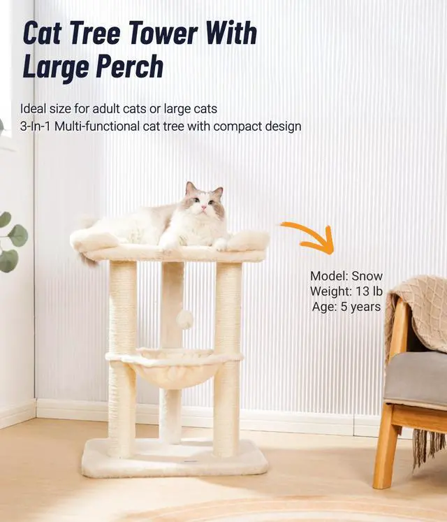 Alt view image 2 of 7 - 28" Cat Tree, Large Bed for Big Cats, Small Cat Tower with Soft Perch for Window Viewing, Stable Cat Tree Tower, Cat Scratching Post with Hammock, Removable Cover-Beige