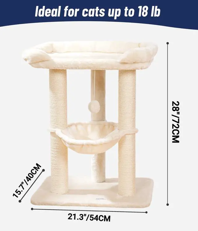 Alt view image 3 of 7 - 28" Cat Tree, Large Bed for Big Cats, Small Cat Tower with Soft Perch for Window Viewing, Stable Cat Tree Tower, Cat Scratching Post with Hammock, Removable Cover-Beige