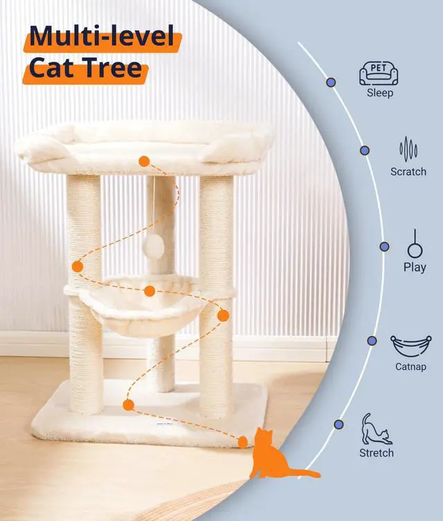 Alt view image 4 of 7 - 28" Cat Tree, Large Bed for Big Cats, Small Cat Tower with Soft Perch for Window Viewing, Stable Cat Tree Tower, Cat Scratching Post with Hammock, Removable Cover-Beige