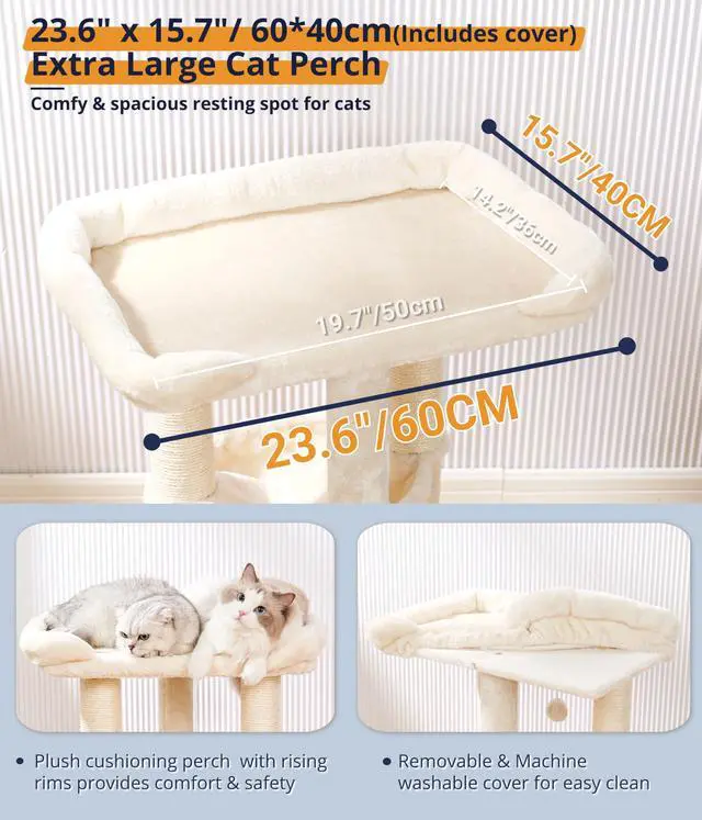 Alt view image 5 of 7 - 28" Cat Tree, Large Bed for Big Cats, Small Cat Tower with Soft Perch for Window Viewing, Stable Cat Tree Tower, Cat Scratching Post with Hammock, Removable Cover-Beige