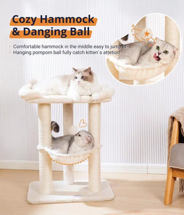 Alt view image 6 of 7 - 28" Cat Tree, Large Bed for Big Cats, Small Cat Tower with Soft Perch for Window Viewing, Stable Cat Tree Tower, Cat Scratching Post with Hammock, Removable Cover-Beige