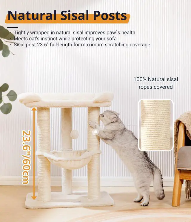 Alt view image 7 of 7 - 28" Cat Tree, Large Bed for Big Cats, Small Cat Tower with Soft Perch for Window Viewing, Stable Cat Tree Tower, Cat Scratching Post with Hammock, Removable Cover-Beige