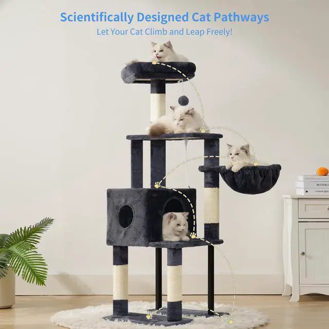 Alt view image 2 of 7 - Cat Tree, 49.2 Inches Cat Tower for Indoor Cats, Spacious Cat House Condo with Hidden SpaceSturdy Steel TubeSoft Plush Top PerchCozy Hammock and Sisal Scratching Posts, Smoky Gray HCT200SG