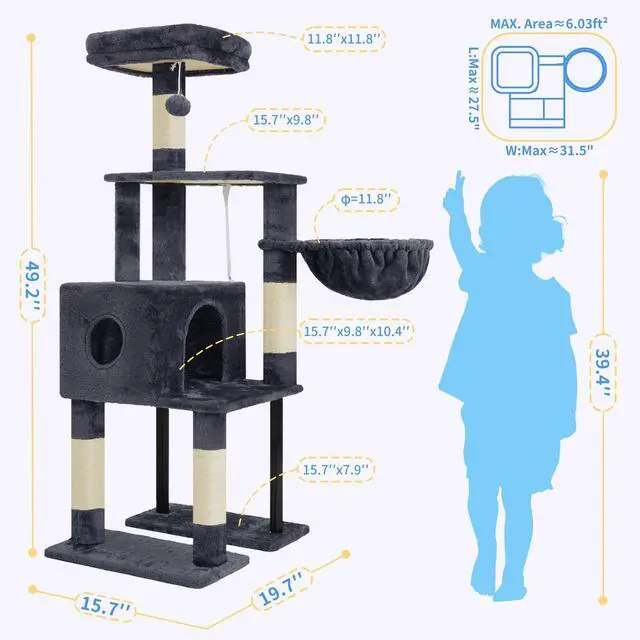 Alt view image 3 of 7 - Cat Tree, 49.2 Inches Cat Tower for Indoor Cats, Spacious Cat House Condo with Hidden SpaceSturdy Steel TubeSoft Plush Top PerchCozy Hammock and Sisal Scratching Posts, Smoky Gray HCT200SG