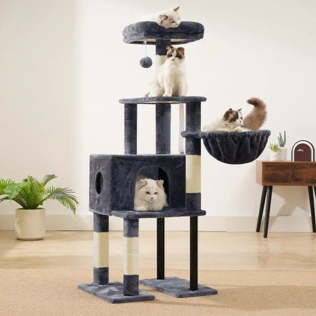 Alt view image 4 of 7 - Cat Tree, 49.2 Inches Cat Tower for Indoor Cats, Spacious Cat House Condo with Hidden SpaceSturdy Steel TubeSoft Plush Top PerchCozy Hammock and Sisal Scratching Posts, Smoky Gray HCT200SG