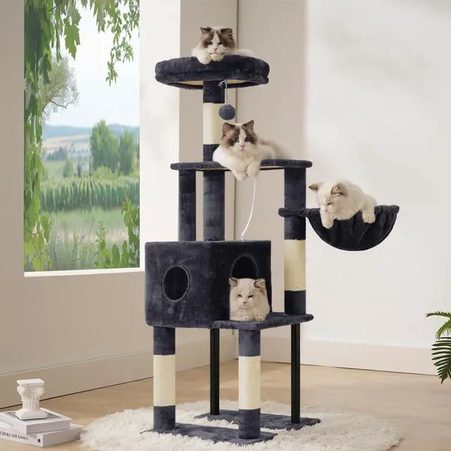 Alt view image 5 of 7 - Cat Tree, 49.2 Inches Cat Tower for Indoor Cats, Spacious Cat House Condo with Hidden SpaceSturdy Steel TubeSoft Plush Top PerchCozy Hammock and Sisal Scratching Posts, Smoky Gray HCT200SG