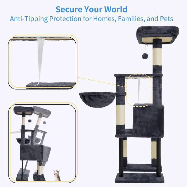 Alt view image 6 of 7 - Cat Tree, 49.2 Inches Cat Tower for Indoor Cats, Spacious Cat House Condo with Hidden SpaceSturdy Steel TubeSoft Plush Top PerchCozy Hammock and Sisal Scratching Posts, Smoky Gray HCT200SG