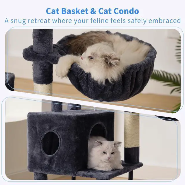 Alt view image 7 of 7 - Cat Tree, 49.2 Inches Cat Tower for Indoor Cats, Spacious Cat House Condo with Hidden SpaceSturdy Steel TubeSoft Plush Top PerchCozy Hammock and Sisal Scratching Posts, Smoky Gray HCT200SG