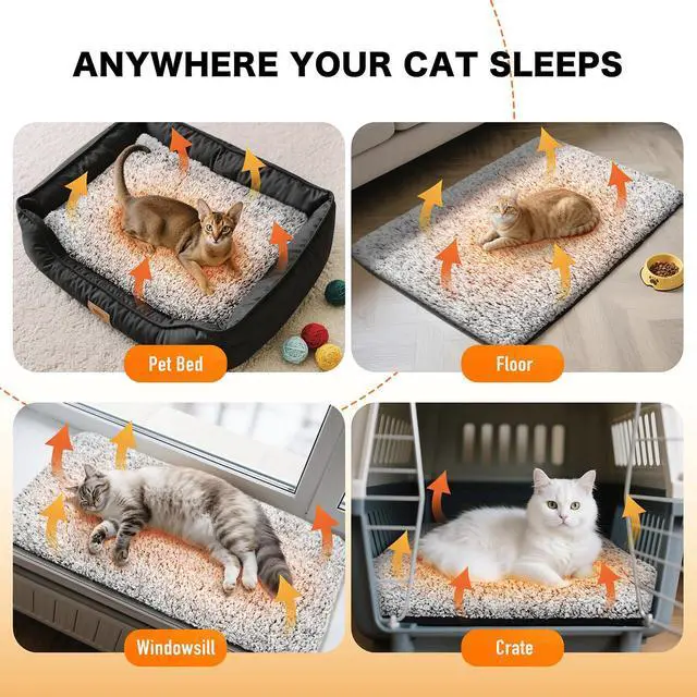 Alt view image 5 of 7 - Self Warming Cat Bed, Heated Cat Bed, 2.0 Upgraded Thermal Foil Heating Pad, Plush Self-Heating Pet Mat for Crate, Floor, with Removable Washable Cover, Non-Slip, 15"x19"