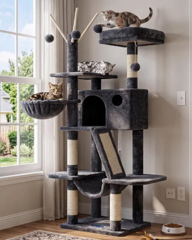 Main image of Cat Tree, 53 inch Cat Tower for Indoor Cats, Cat House with Padded Platform Bed, Toy Balls, Large Cozy Condo, Hammocks and Sisal Scratching Posts, Smoky Gray MPJ019-SG