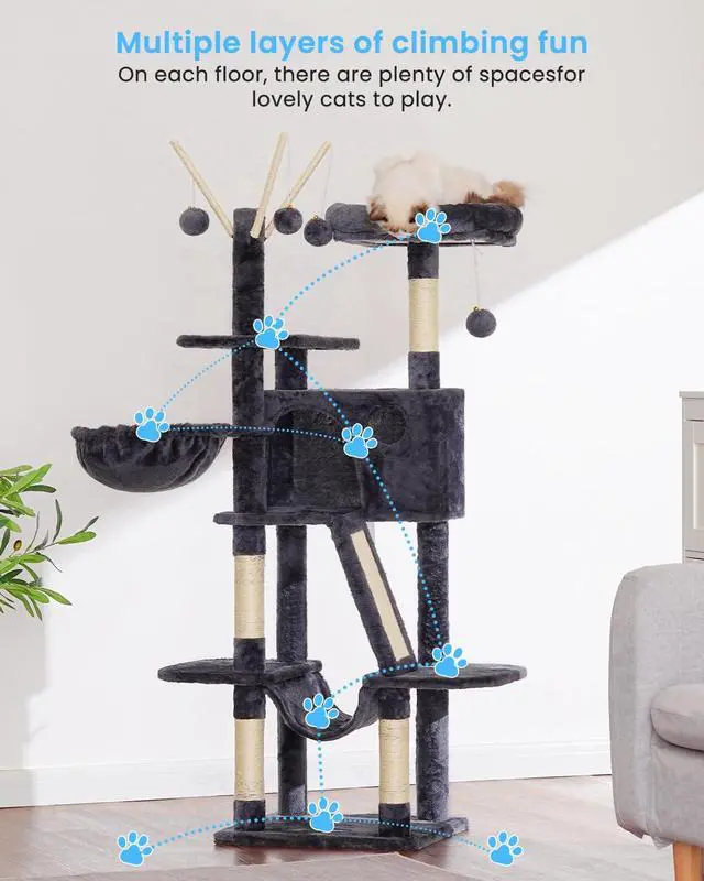 Alt view image 3 of 7 - Cat Tree, 53 inch Cat Tower for Indoor Cats, Cat House with Padded Platform Bed, Toy Balls, Large Cozy Condo, Hammocks and Sisal Scratching Posts, Smoky Gray MPJ019-SG