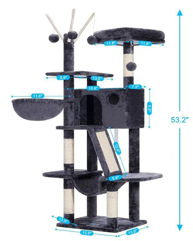 Alt view image 2 of 7 - Cat Tree, 53 inch Cat Tower for Indoor Cats, Cat House with Padded Platform Bed, Toy Balls, Large Cozy Condo, Hammocks and Sisal Scratching Posts, Smoky Gray MPJ019-SG