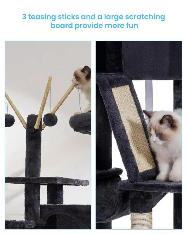 Alt view image 4 of 7 - Cat Tree, 53 inch Cat Tower for Indoor Cats, Cat House with Padded Platform Bed, Toy Balls, Large Cozy Condo, Hammocks and Sisal Scratching Posts, Smoky Gray MPJ019-SG