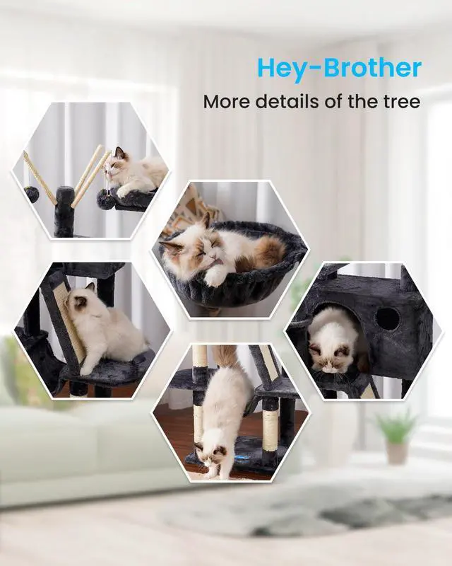 Alt view image 5 of 7 - Cat Tree, 53 inch Cat Tower for Indoor Cats, Cat House with Padded Platform Bed, Toy Balls, Large Cozy Condo, Hammocks and Sisal Scratching Posts, Smoky Gray MPJ019-SG
