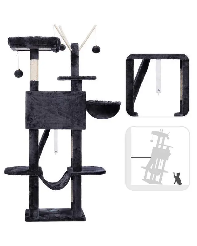 Alt view image 6 of 7 - Cat Tree, 53 inch Cat Tower for Indoor Cats, Cat House with Padded Platform Bed, Toy Balls, Large Cozy Condo, Hammocks and Sisal Scratching Posts, Smoky Gray MPJ019-SG