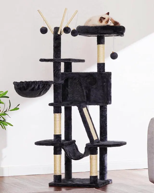 Alt view image 7 of 7 - Cat Tree, 53 inch Cat Tower for Indoor Cats, Cat House with Padded Platform Bed, Toy Balls, Large Cozy Condo, Hammocks and Sisal Scratching Posts, Smoky Gray MPJ019-SG