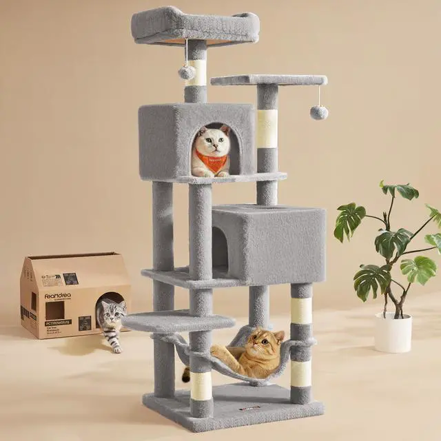 Main image of Cat Tree, 59.5-Inch Tall Cat Tower, Plush Multi-Level Condo with 5 Scratching Posts, 2 Perches, 2 Caves, Hammock, 2 Pompoms, Light Gray UPCT192W01