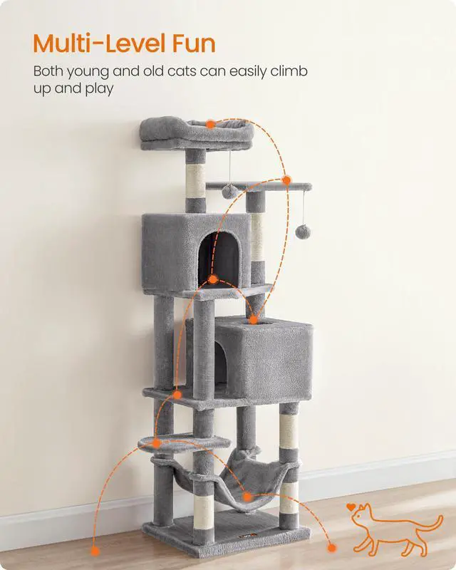 Alt view image 3 of 7 - Cat Tree, 59.5-Inch Tall Cat Tower, Plush Multi-Level Condo with 5 Scratching Posts, 2 Perches, 2 Caves, Hammock, 2 Pompoms, Light Gray UPCT192W01