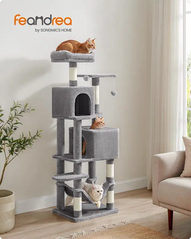Alt view image 2 of 7 - Cat Tree, 59.5-Inch Tall Cat Tower, Plush Multi-Level Condo with 5 Scratching Posts, 2 Perches, 2 Caves, Hammock, 2 Pompoms, Light Gray UPCT192W01