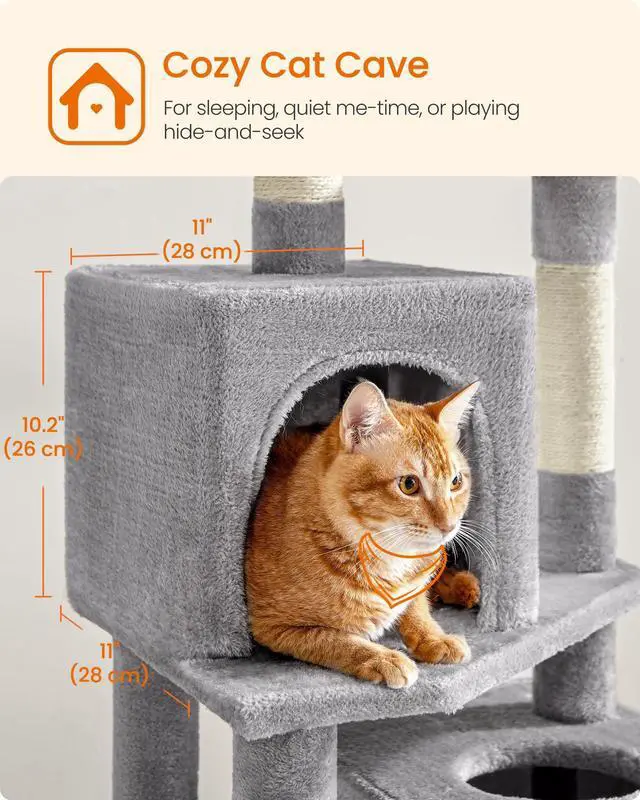 Alt view image 6 of 7 - Cat Tree, 59.5-Inch Tall Cat Tower, Plush Multi-Level Condo with 5 Scratching Posts, 2 Perches, 2 Caves, Hammock, 2 Pompoms, Light Gray UPCT192W01