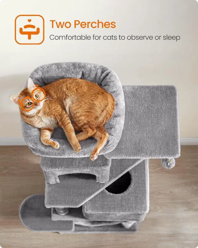 Alt view image 4 of 7 - Cat Tree, 59.5-Inch Tall Cat Tower, Plush Multi-Level Condo with 5 Scratching Posts, 2 Perches, 2 Caves, Hammock, 2 Pompoms, Light Gray UPCT192W01