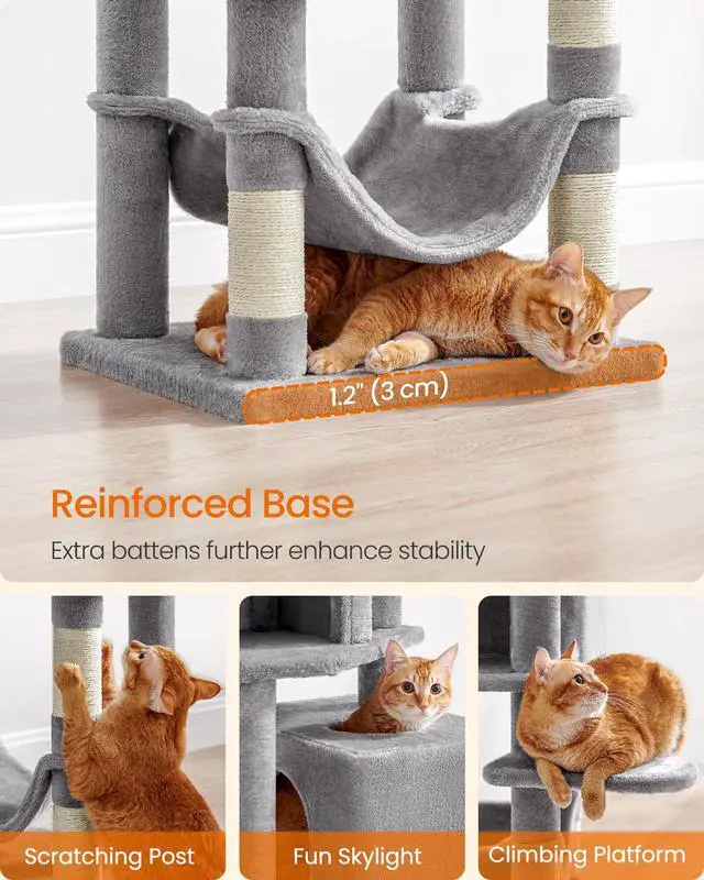 Alt view image 7 of 7 - Cat Tree, 59.5-Inch Tall Cat Tower, Plush Multi-Level Condo with 5 Scratching Posts, 2 Perches, 2 Caves, Hammock, 2 Pompoms, Light Gray UPCT192W01