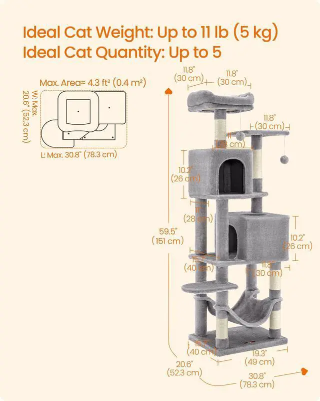 Alt view image 5 of 7 - Cat Tree, 59.5-Inch Tall Cat Tower, Plush Multi-Level Condo with 5 Scratching Posts, 2 Perches, 2 Caves, Hammock, 2 Pompoms, Light Gray UPCT192W01